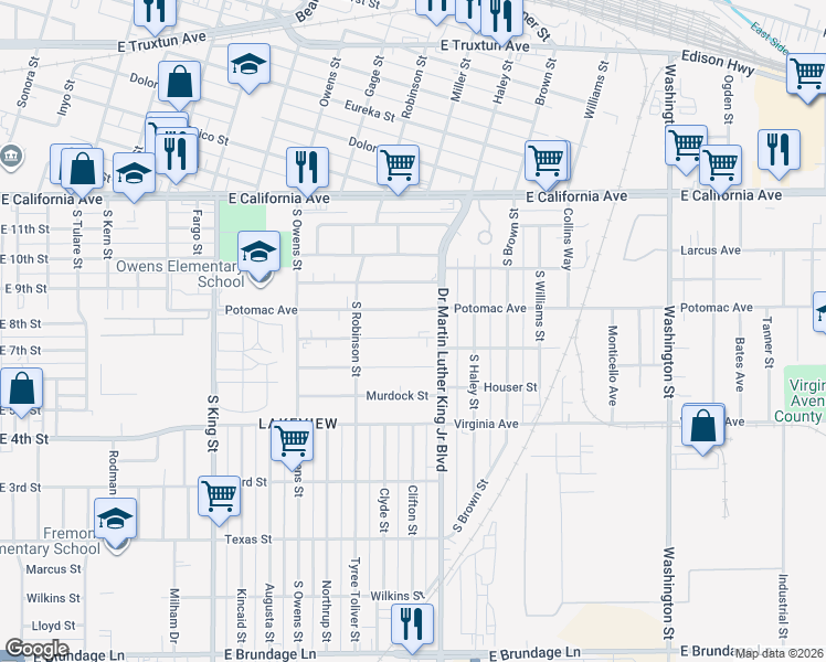 map of restaurants, bars, coffee shops, grocery stores, and more near 1504 Gorrill Street in Bakersfield