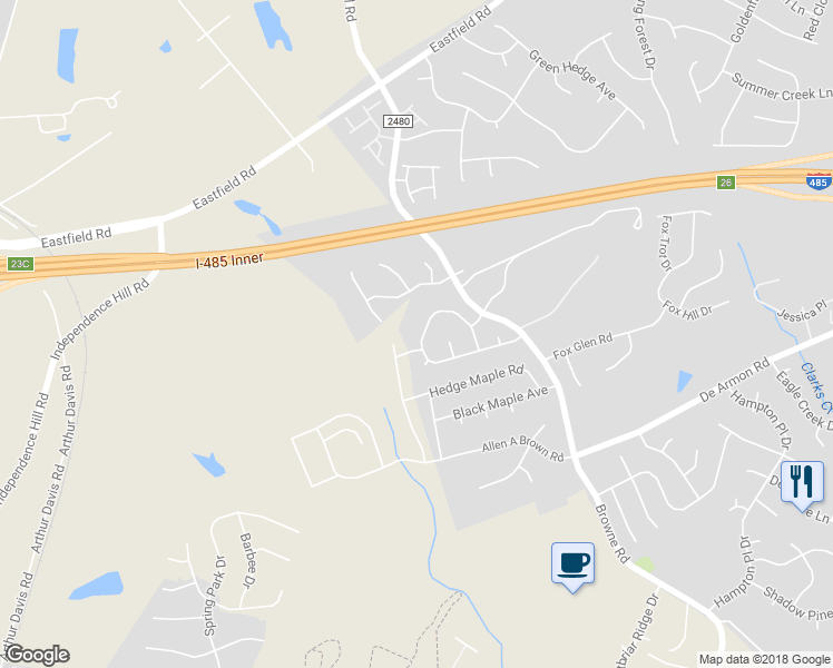 map of restaurants, bars, coffee shops, grocery stores, and more near 11020 White Stag Drive in Charlotte