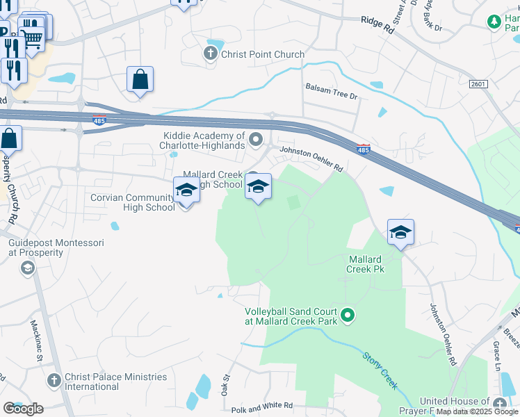 map of restaurants, bars, coffee shops, grocery stores, and more near 3825 Johnston Oehler Road in Charlotte