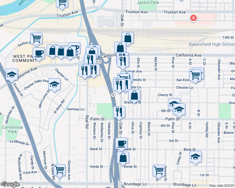 map of restaurants, bars, coffee shops, grocery stores, and more near 711 Oak St in Bakersfield