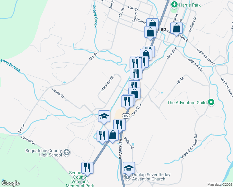 map of restaurants, bars, coffee shops, grocery stores, and more near 234 Valley View Drive in Dunlap
