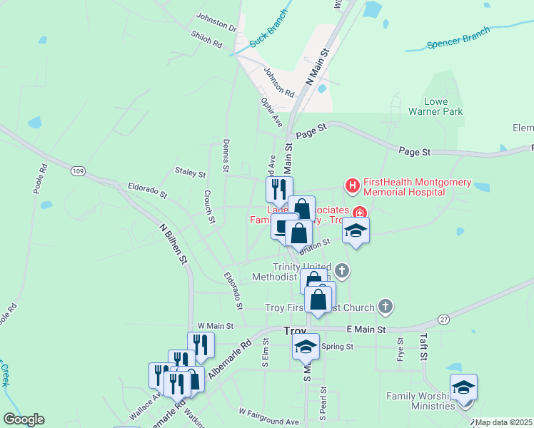 map of restaurants, bars, coffee shops, grocery stores, and more near 525 Railroad Avenue in Troy