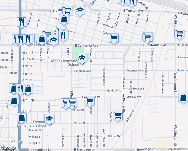 map of restaurants, bars, coffee shops, grocery stores, and more near 1106 Gorrill Street in Bakersfield