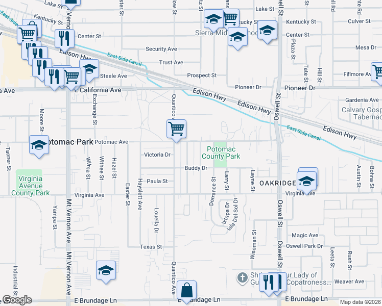 map of restaurants, bars, coffee shops, grocery stores, and more near 625 Mc Clean Avenue in Bakersfield