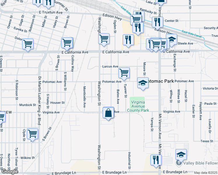 map of restaurants, bars, coffee shops, grocery stores, and more near 607 Washington Street in Bakersfield