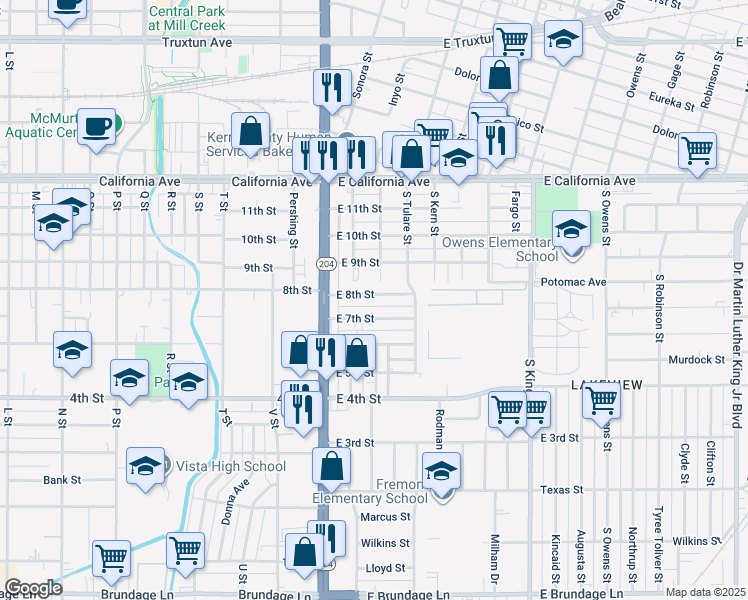 map of restaurants, bars, coffee shops, grocery stores, and more near 125 East 8th Street in Bakersfield