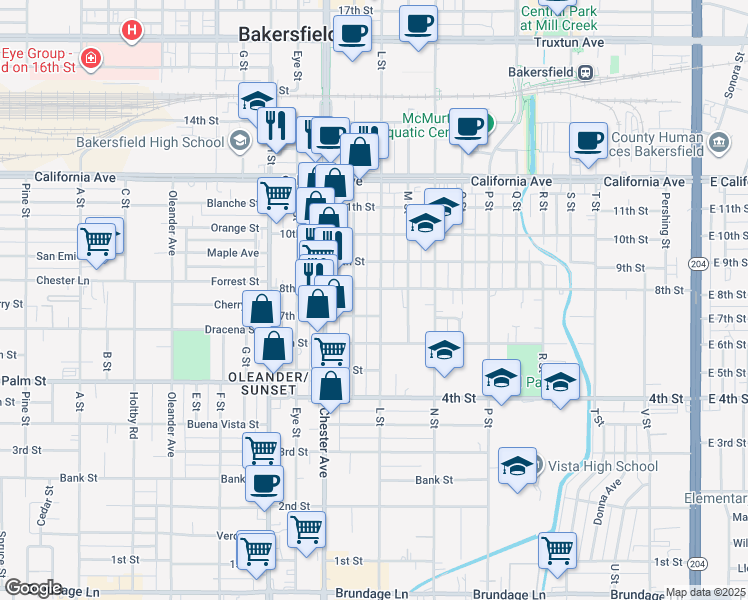 map of restaurants, bars, coffee shops, grocery stores, and more near 710 K Street in Bakersfield