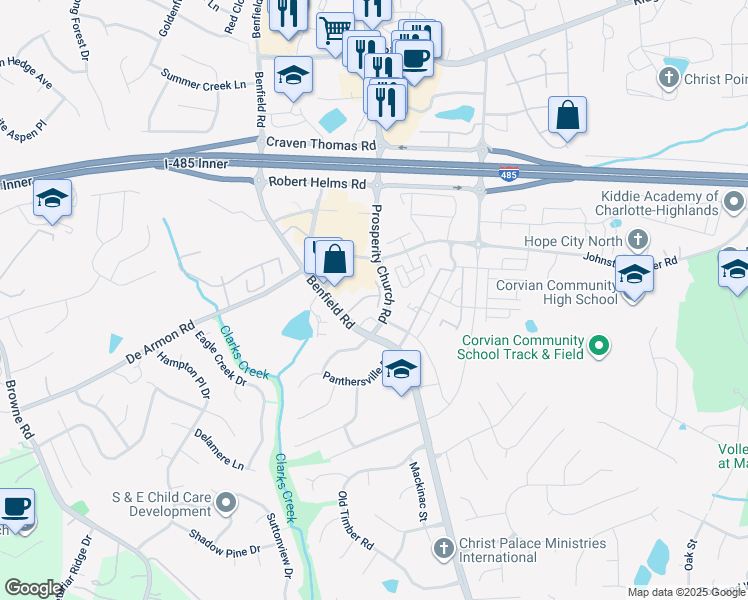 map of restaurants, bars, coffee shops, grocery stores, and more near 5049 Prosperity Church Road in Charlotte