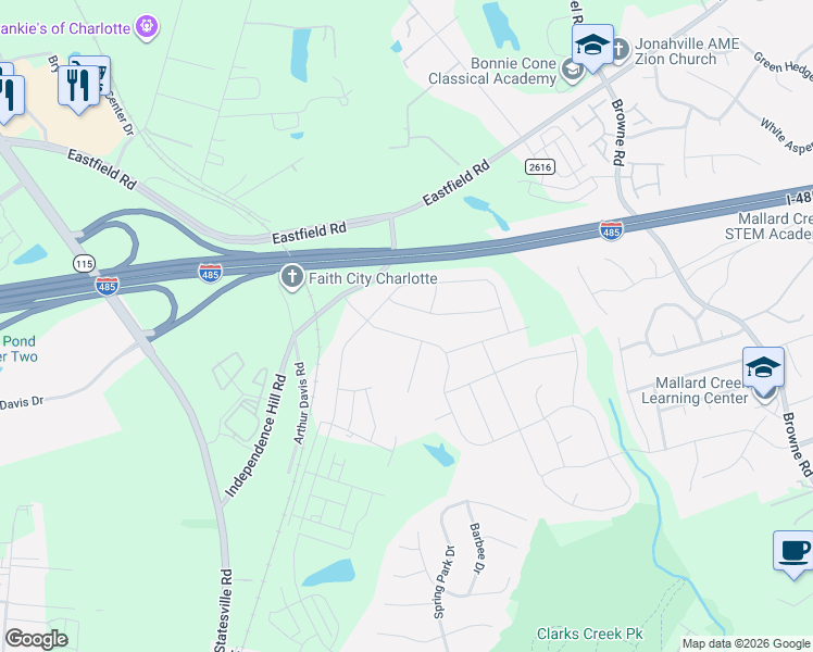 map of restaurants, bars, coffee shops, grocery stores, and more near 9530 Harvard Oak Court in Charlotte