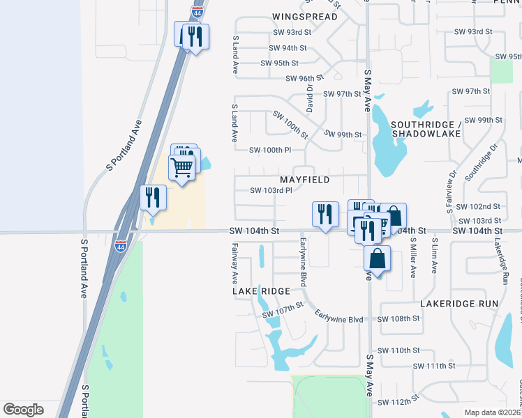 map of restaurants, bars, coffee shops, grocery stores, and more near 3139 Southwest 104th Terrace in Oklahoma City