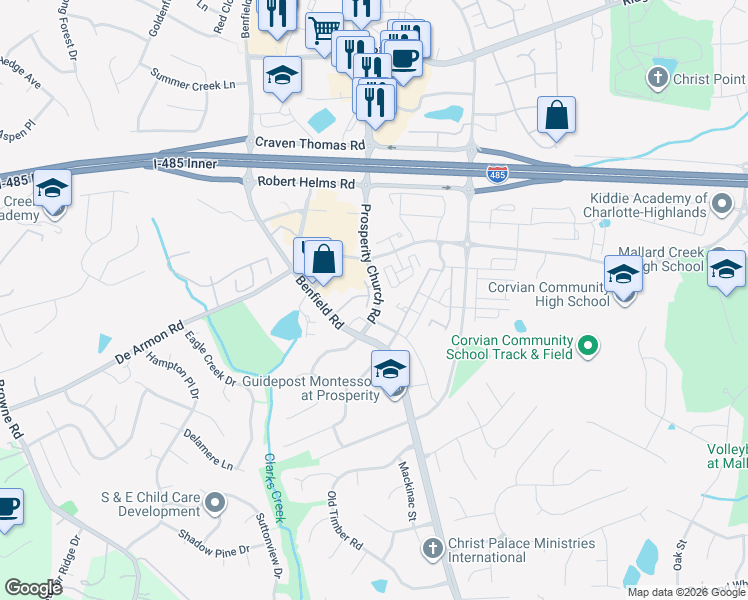 map of restaurants, bars, coffee shops, grocery stores, and more near 5061 Prosperity Church Road in Charlotte