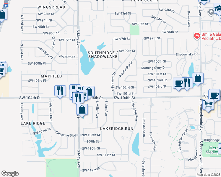 map of restaurants, bars, coffee shops, grocery stores, and more near 10301 South Fairview Drive in Oklahoma City