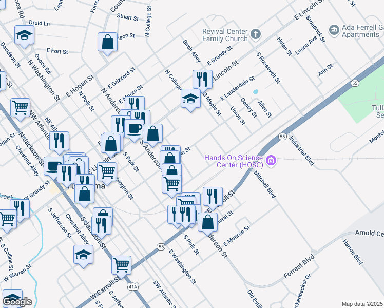 map of restaurants, bars, coffee shops, grocery stores, and more near 510 East Warren Street in Tullahoma