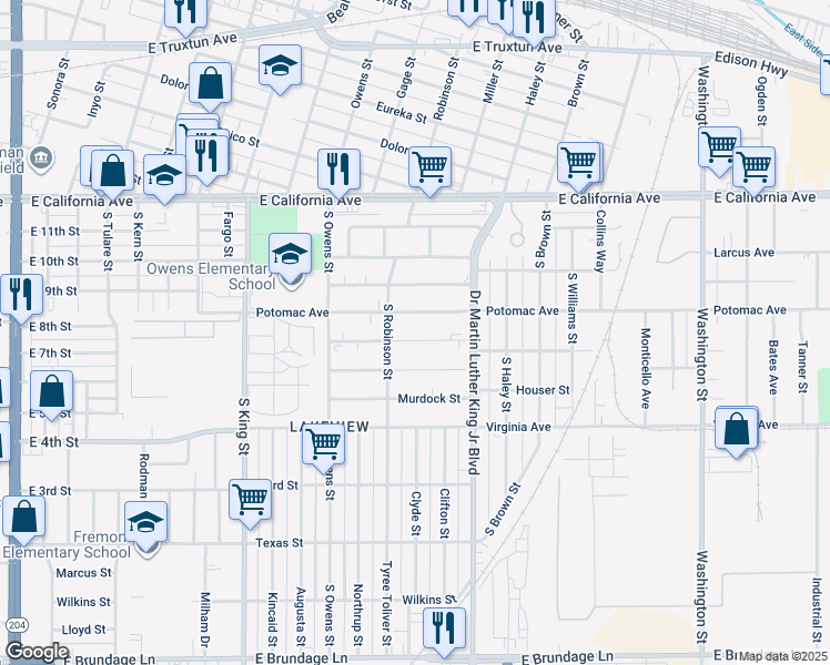 map of restaurants, bars, coffee shops, grocery stores, and more near 1322 Gorrill Street in Bakersfield