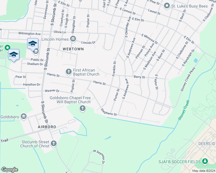 map of restaurants, bars, coffee shops, grocery stores, and more near 1201 Franklin Street in Goldsboro