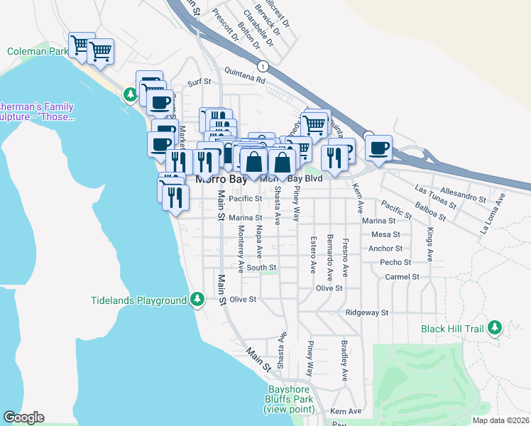 map of restaurants, bars, coffee shops, grocery stores, and more near in Morro Bay