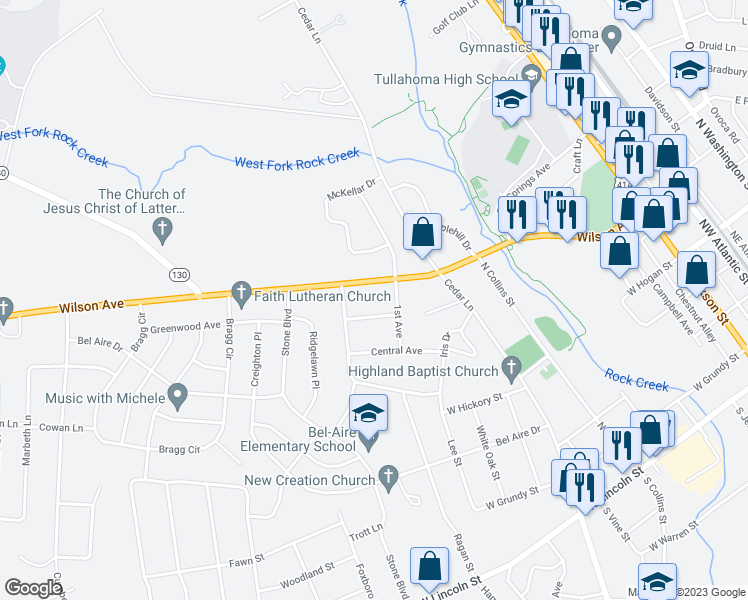 map of restaurants, bars, coffee shops, grocery stores, and more near 801 Wilson Avenue in Tullahoma