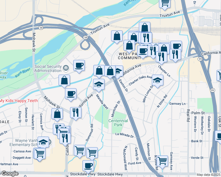 map of restaurants, bars, coffee shops, grocery stores, and more near 4801 California Avenue in Bakersfield
