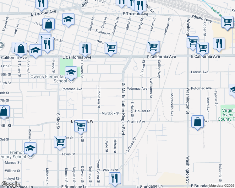 map of restaurants, bars, coffee shops, grocery stores, and more near 1504 Gorrill Street in Bakersfield