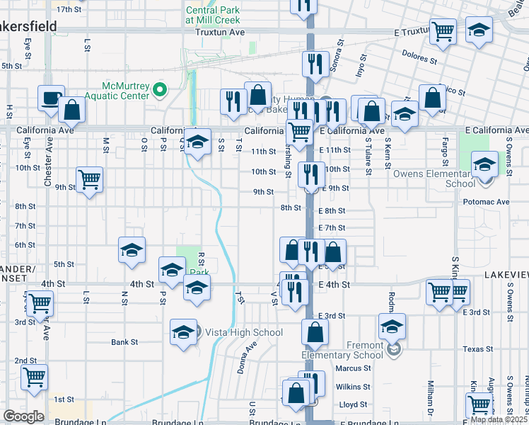 map of restaurants, bars, coffee shops, grocery stores, and more near 719 V Street in Bakersfield