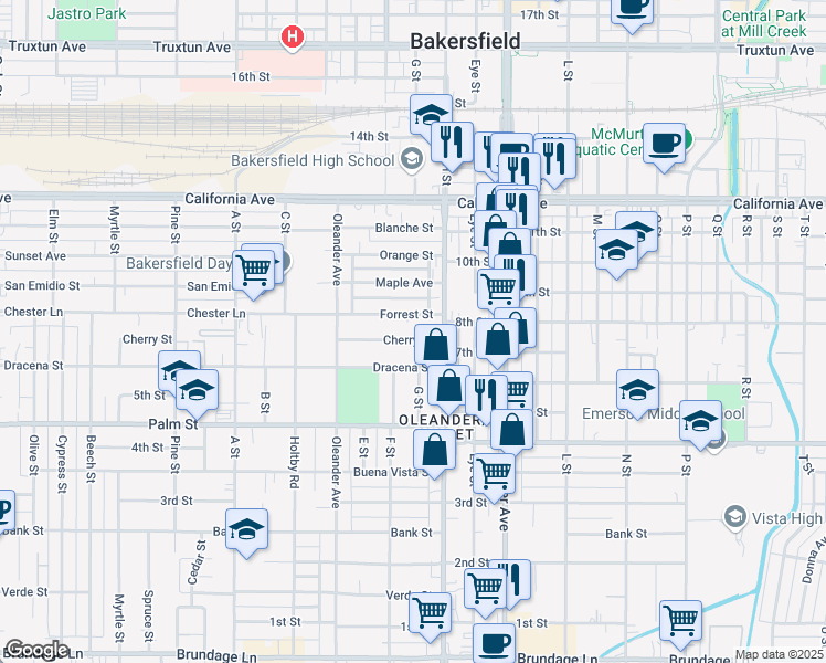map of restaurants, bars, coffee shops, grocery stores, and more near 1711 Cherry Street in Bakersfield