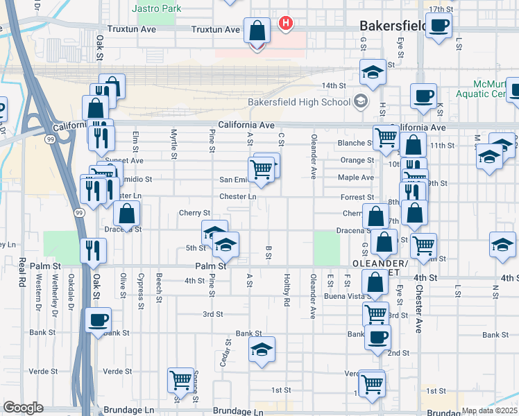 map of restaurants, bars, coffee shops, grocery stores, and more near 639 A Street in Bakersfield