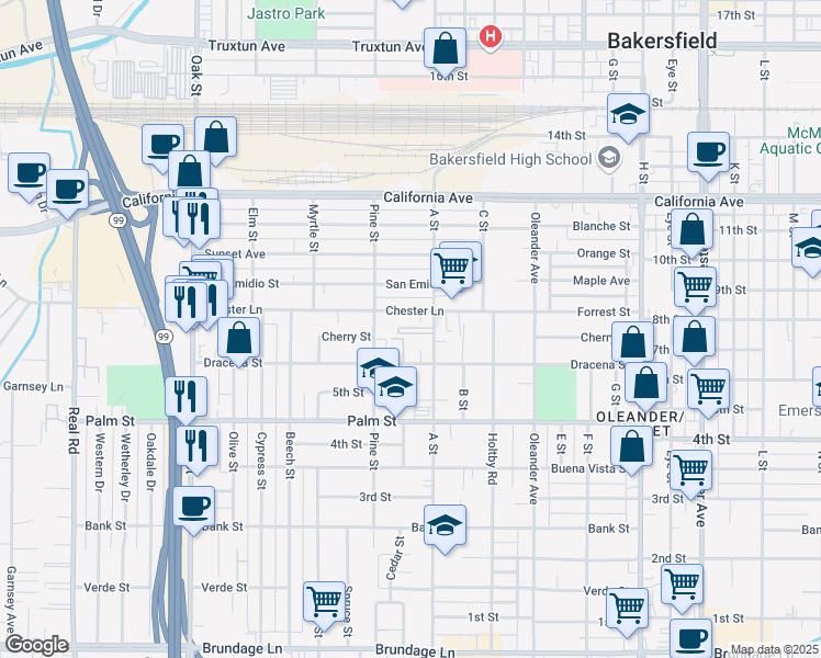 map of restaurants, bars, coffee shops, grocery stores, and more near 630 Pine Street in Bakersfield