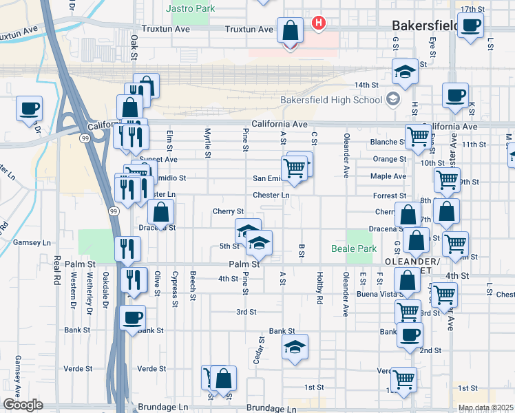 map of restaurants, bars, coffee shops, grocery stores, and more near 630 Pine Street in Bakersfield