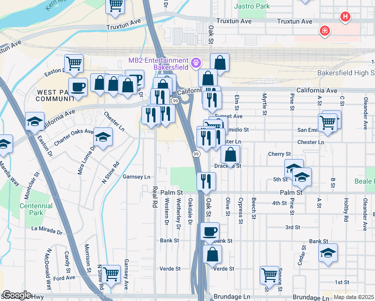 map of restaurants, bars, coffee shops, grocery stores, and more near 711 Oak Street in Bakersfield