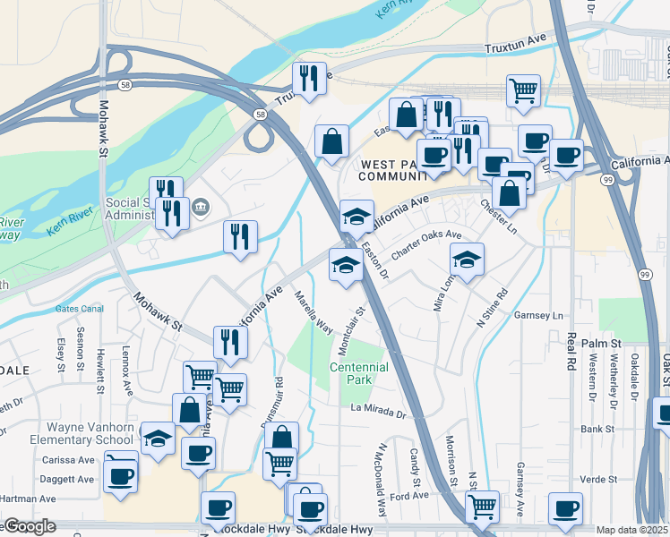 map of restaurants, bars, coffee shops, grocery stores, and more near 4801 California Avenue in Bakersfield