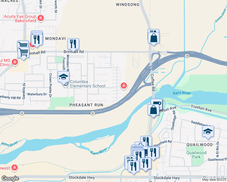 map of restaurants, bars, coffee shops, grocery stores, and more near 631 Jasmine Parke Drive in Bakersfield