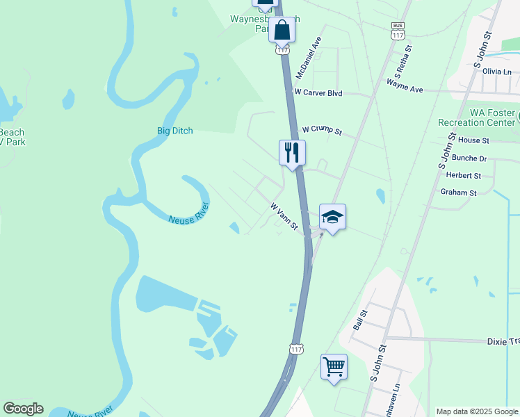 map of restaurants, bars, coffee shops, grocery stores, and more near in Goldsboro