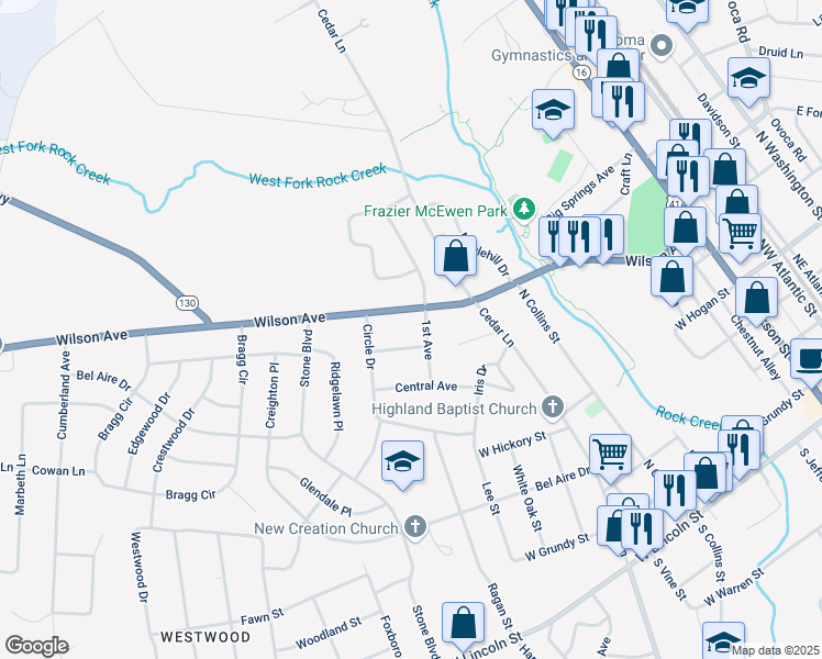 map of restaurants, bars, coffee shops, grocery stores, and more near 801 Wilson Avenue in Tullahoma