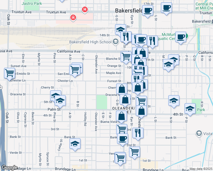 map of restaurants, bars, coffee shops, grocery stores, and more near 1918 Cherry Street in Bakersfield