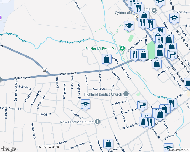 map of restaurants, bars, coffee shops, grocery stores, and more near 801 Wilson Avenue in Tullahoma