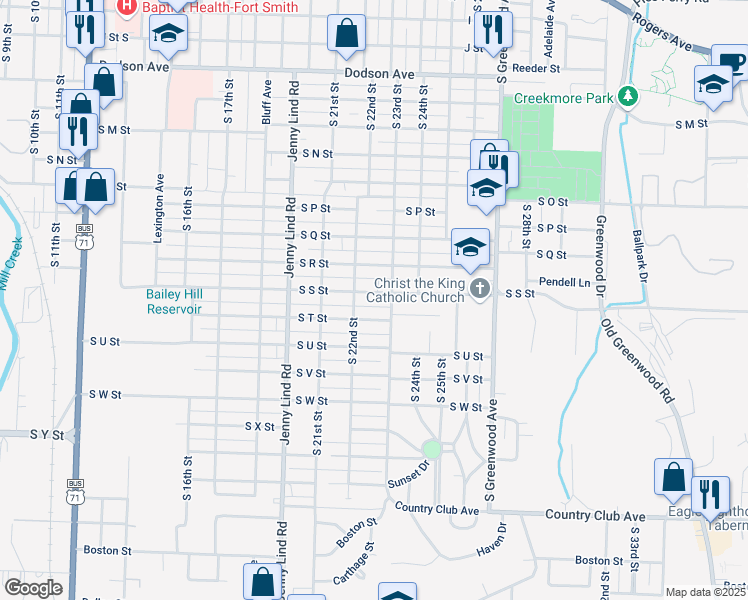 map of restaurants, bars, coffee shops, grocery stores, and more near 2223 South T Street in Fort Smith