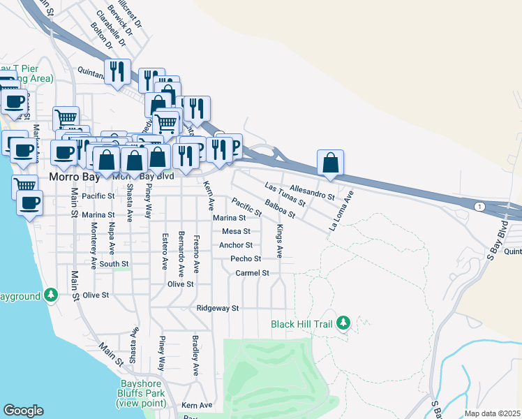 map of restaurants, bars, coffee shops, grocery stores, and more near 963 Pacific Street in Morro Bay