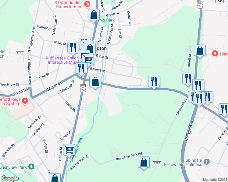 map of restaurants, bars, coffee shops, grocery stores, and more near 230 Charlotte Road in Rutherfordton