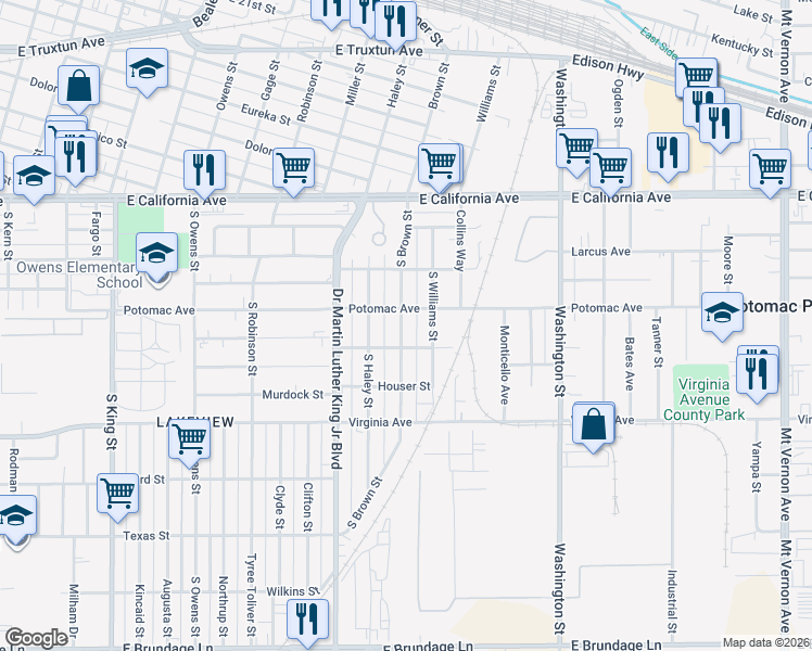 map of restaurants, bars, coffee shops, grocery stores, and more near 710 South Brown Street in Bakersfield