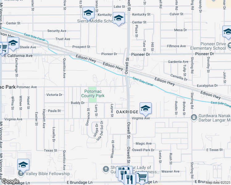 map of restaurants, bars, coffee shops, grocery stores, and more near 3017 Potomac Avenue in Bakersfield