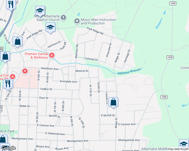 map of restaurants, bars, coffee shops, grocery stores, and more near 1002 Smith Street in Albemarle