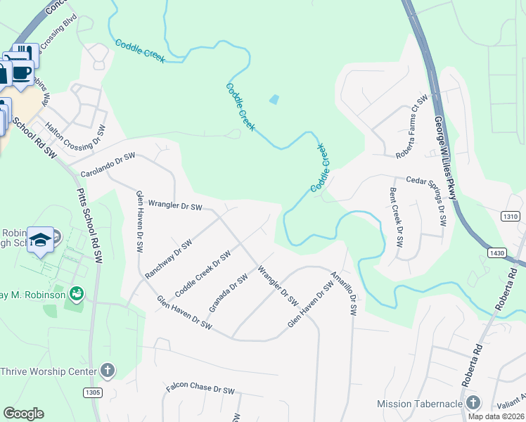 map of restaurants, bars, coffee shops, grocery stores, and more near 4378 Coddle Creek Drive Southwest in Concord