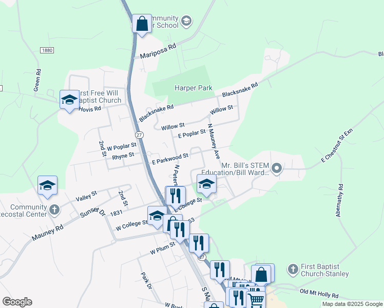 map of restaurants, bars, coffee shops, grocery stores, and more near 219 East Parkwood Street in Stanley