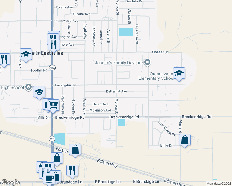 map of restaurants, bars, coffee shops, grocery stores, and more near 8900 Ponderosa Avenue in Bakersfield