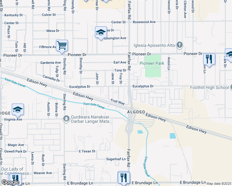 map of restaurants, bars, coffee shops, grocery stores, and more near 307 Troy Street in Bakersfield