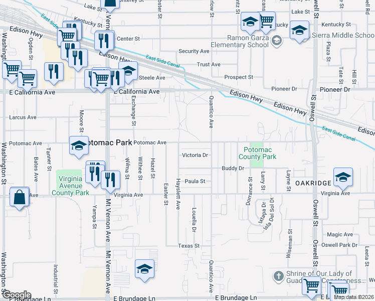 map of restaurants, bars, coffee shops, grocery stores, and more near 2625 Victoria Drive in Bakersfield
