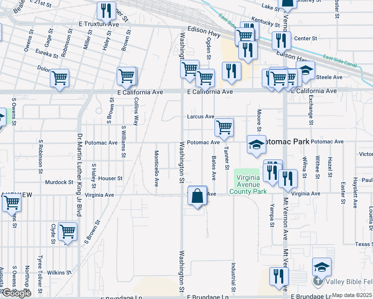 map of restaurants, bars, coffee shops, grocery stores, and more near 607 Washington Street in Bakersfield