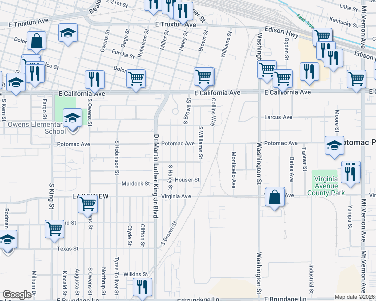map of restaurants, bars, coffee shops, grocery stores, and more near 710 South Brown Street in Bakersfield