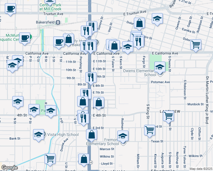 map of restaurants, bars, coffee shops, grocery stores, and more near 125 East 8th Street in Bakersfield
