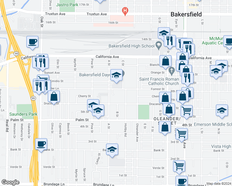 map of restaurants, bars, coffee shops, grocery stores, and more near 707 Holtby Road in Bakersfield